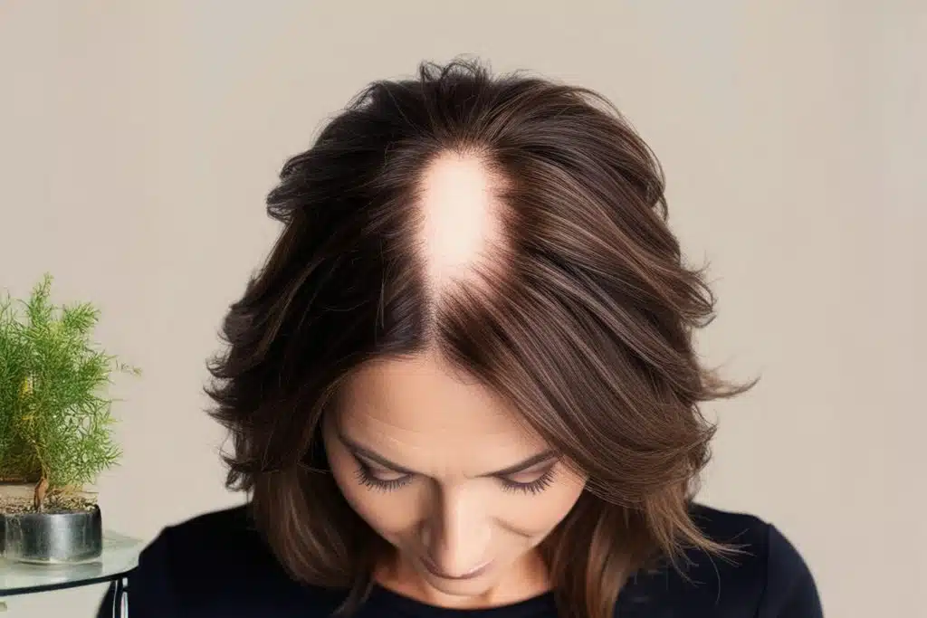 7 enfermedades que causan la caída del cabello en mujeres y cómo tratarlas 5 Pérdida de densidad capilar en la parte superior del cuero cabelludo, típica en alopecia femenina