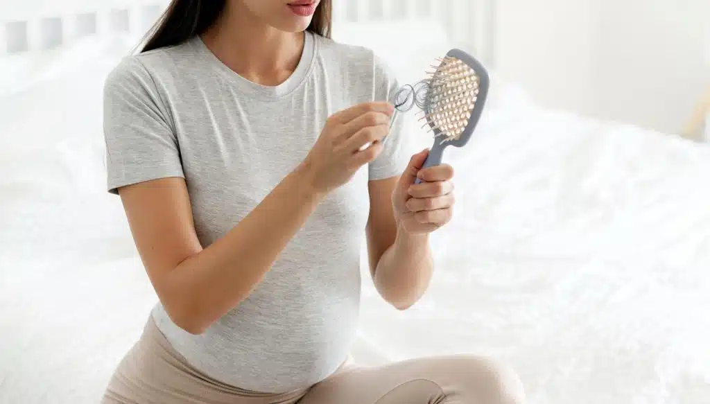 Caída de cabello en el embarazo: causas y qué hacer 2 caida de cabello en el embarazo en mujer observando pérdida capilar