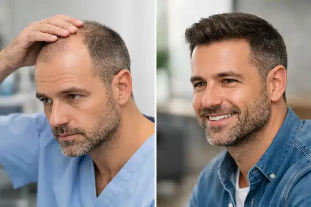 Diseño de la línea frontal del cabello: claves para un injerto capilar natural 1 Comparación entre una línea frontal con pérdida de cabello y el resultado después del injerto capilar